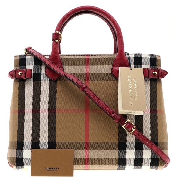 Burberry Banner Medium Tote Shoulder Bag Check Canvas Red New - Picture 4 of 9